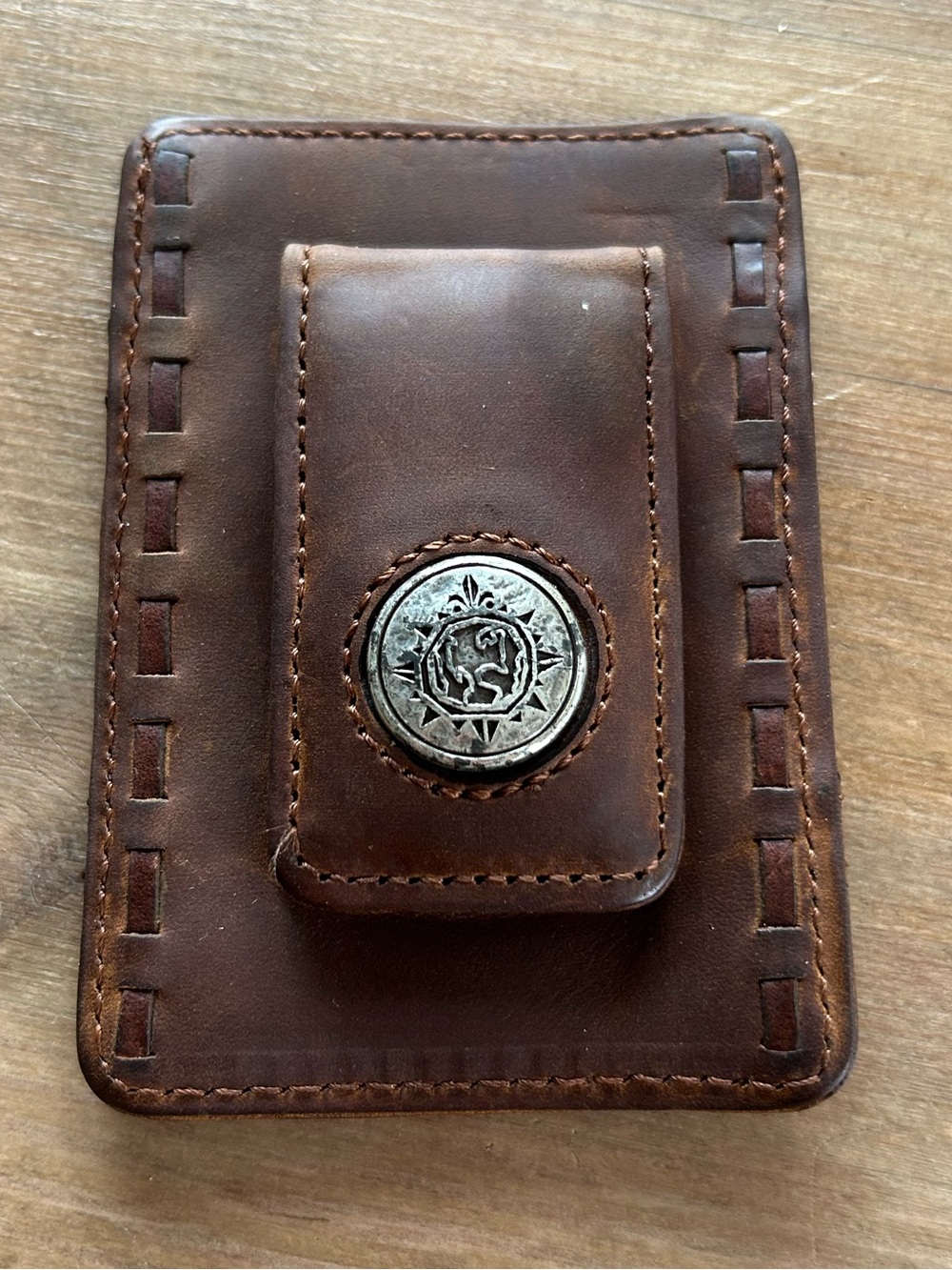 Classic Brown Leather Magnetic Money Clip Card Holder with Silver Concho